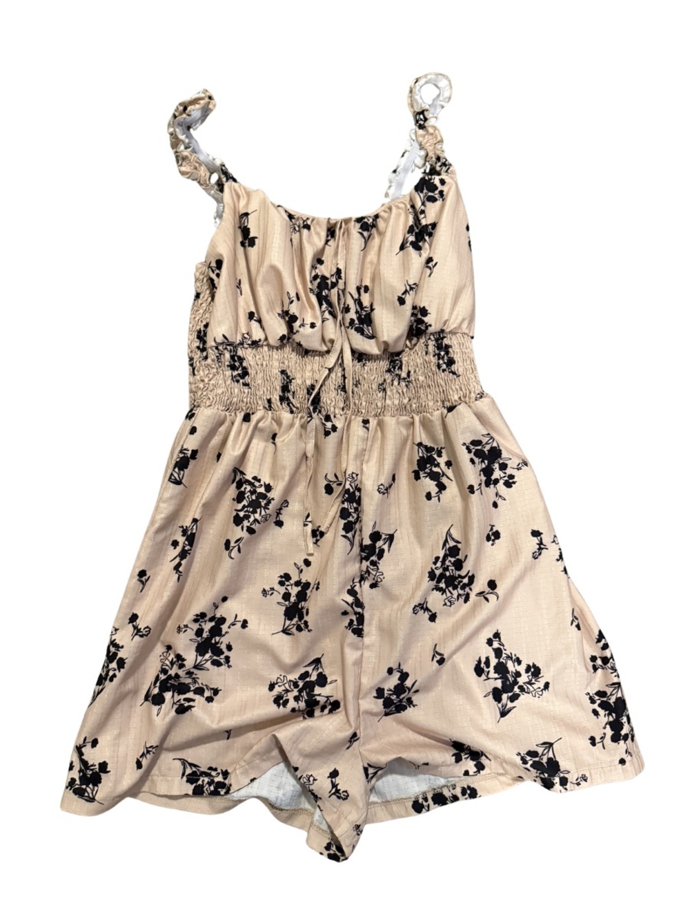 Beige Floral Smocked Romper with Black Print